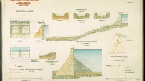 Zeichnung von Bauabschnitten und Details der Aggertalsperre von 1904